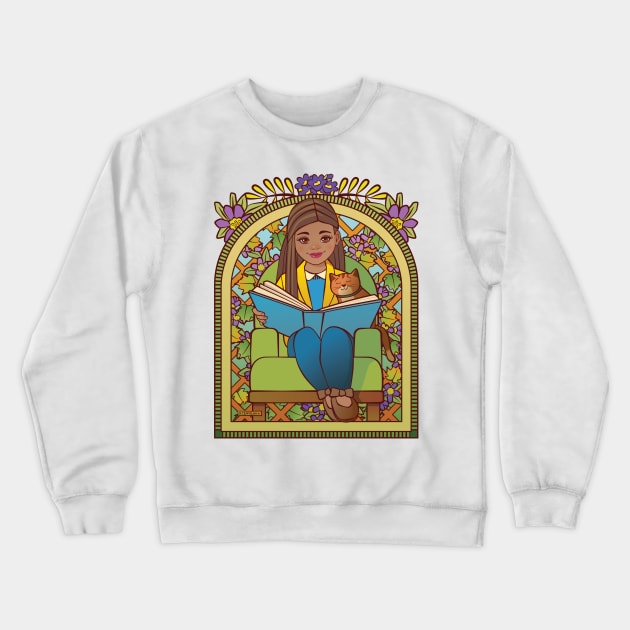 Girl Reading to Her Cat Crewneck Sweatshirt by Sue Cervenka